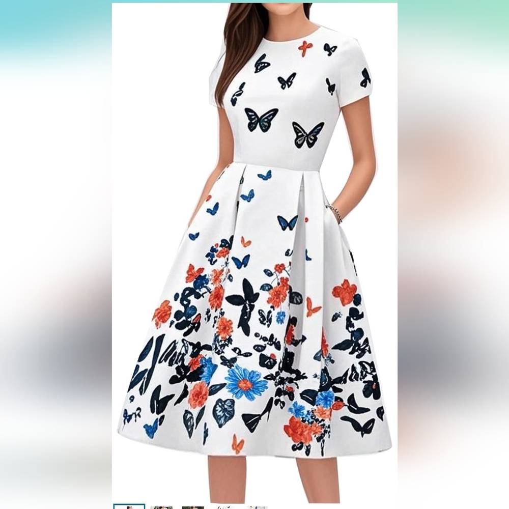Floral Butterfly Print Vintage Inspired Swing Dress XL